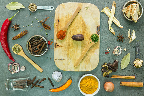 istock Spices and herbs in metal bowls. 477025204