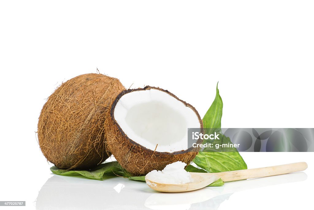 Coconut with green leaves Coconut with green leaves on white background Broken Stock Photo