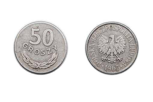 A fifty Groszy coin from Poland minted in 1965.