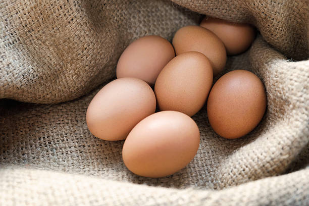 卵料理、チキン/ヘン卵 sackcloth ます。 - agriculture brown burlap cholesterol ストックフォトと画像