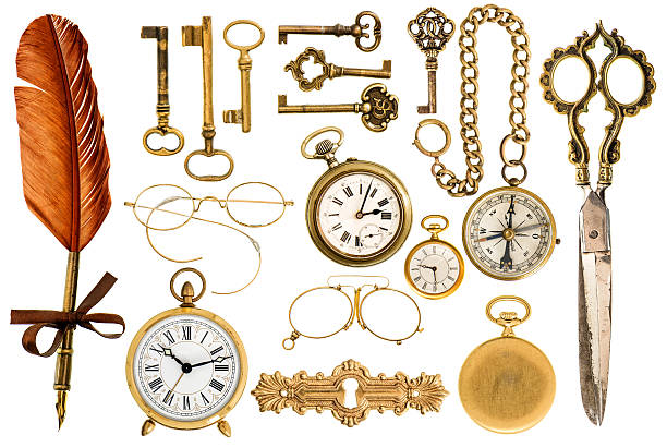 golden vintage accesorios. llaves antiguas, el reloj, gafas, tijeras, compass - metal door measuring work tool fotografías e imágenes de stock