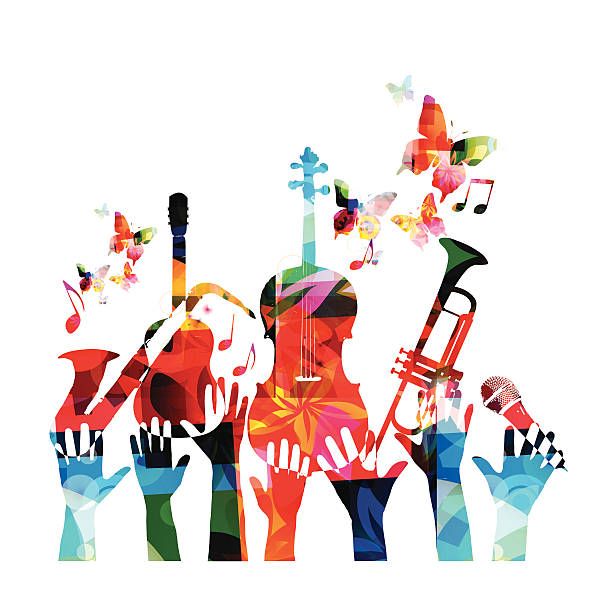 ilustraciones, imágenes clip art, dibujos animados e iconos de stock de diseño colorido música - illustration technique people performing arts event musical instrument