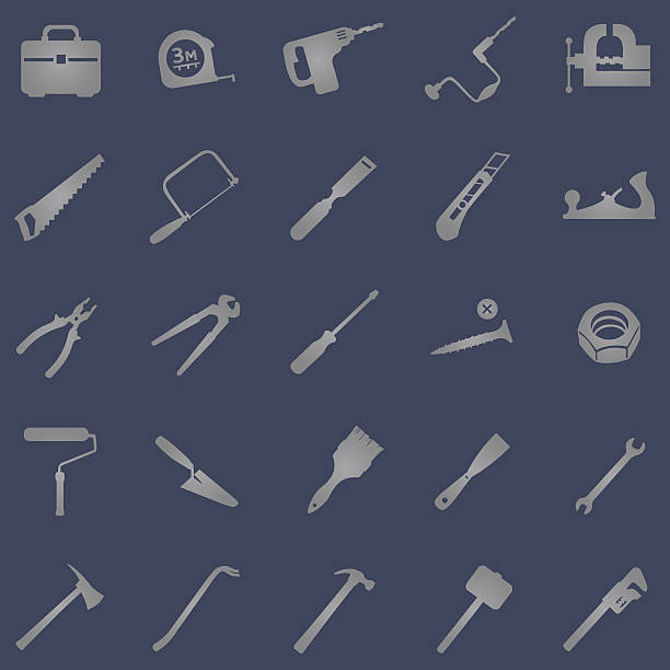 vektor-satz von 25 grau werkzeug icons - armsaw stock-grafiken, -clipart, -cartoons und -symbole