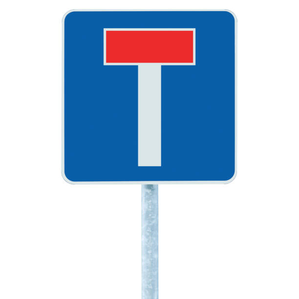 Dead end no through road traffic sign, isolated roadside T signage on pole post signpost signboard, blue, red
