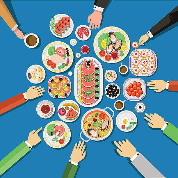 Catering pary with people hands and dishes Сatering party with people hands and a table of dishes from the menu, top view. Vector flat illustration.Catering business buffet illustrations stock illustrations