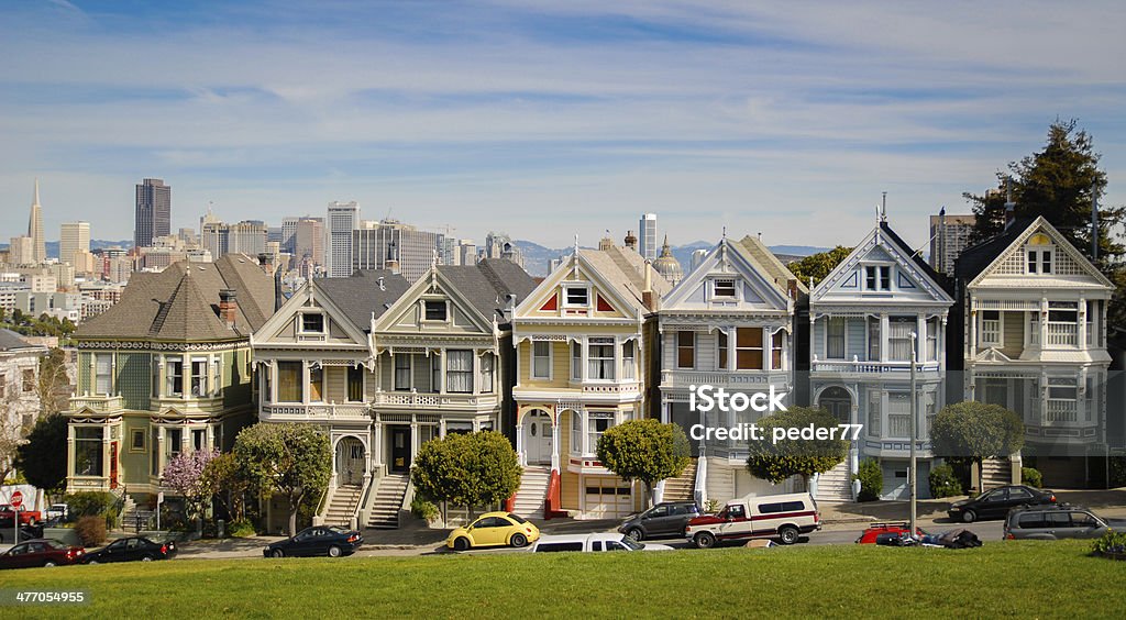 San Francisco skyline San Francisco victorian houses with the skyline in the background. Aerial View Stock Photo