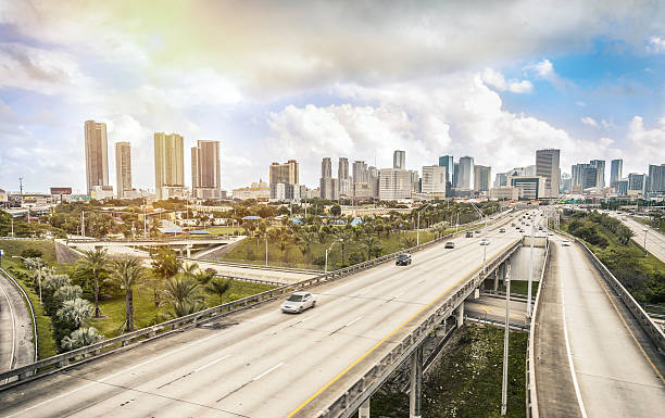 Aerial view of traffic moving on Interstate 95 crossing Miami River, Florida, USA.