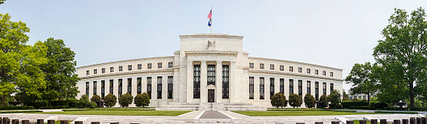 Federal Reserve Building In Washington DC Panoramic image of the Federal Reserve Building in downtown Washington DC, USA. central bank stock pictures, royalty-free photos & images