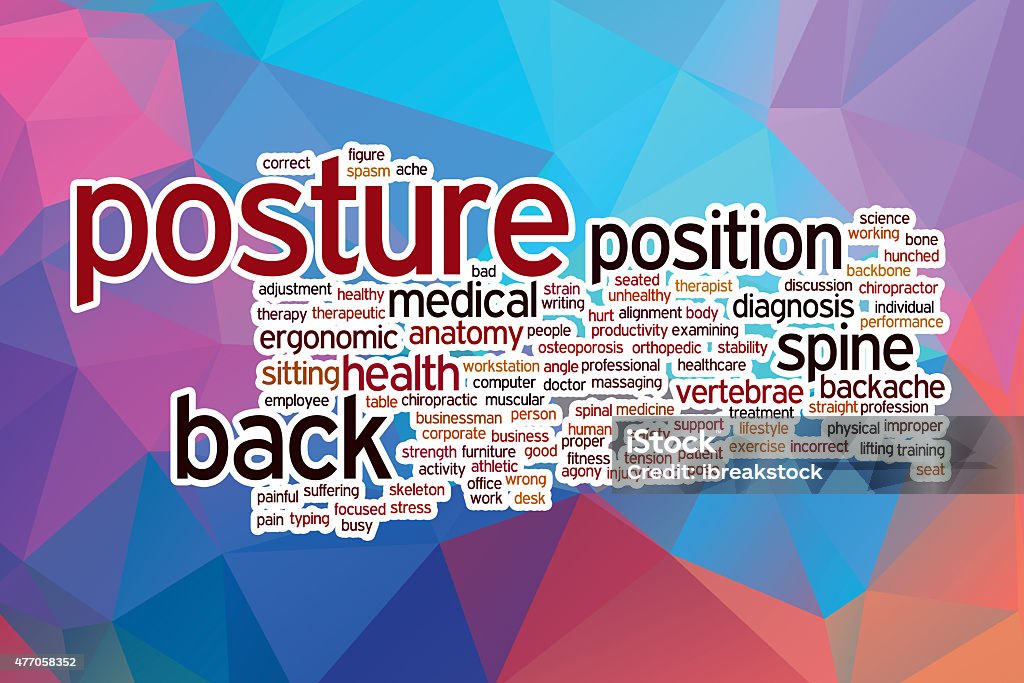 Posture word cloud with abstract background Posture word cloud concept with abstract background Ergonomics Stock Photo