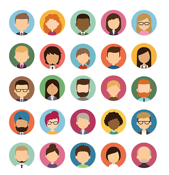 Cartoon Avatars Set of diverse round avatars without facial features isolated on white background. Different nationalities, clothes and hair styles. Cute and simple flat cartoon style. blank avatar stock illustrations