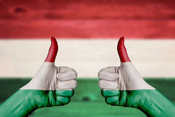 Hungary flag painted on female hands thumbs up with blurry wooden background