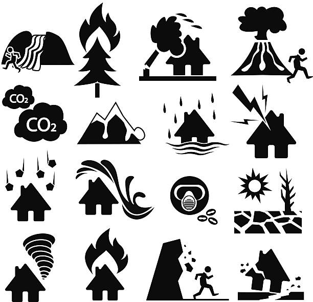 illustrazioni stock, clip art, cartoni animati e icone di tendenza di set di icone di catastrofe naturale - natural disaster weather symbol volcano