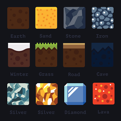 Different materials and textures for the game. Vector flat tile set. Ground, sand, stone, gold, silver, lava, metal, iron, snow