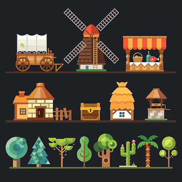 Vector illustration of Old village. Different objects, sprites