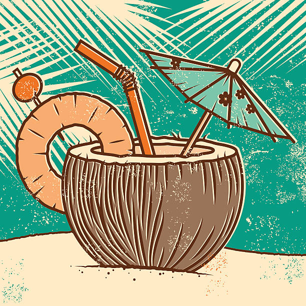 Retro Tropical Coconut Drink on the Beach Screen Print A funky tropical coconut drink on a sandy beach with palm fronds in the background. Slight grunge texture added to mimic the look of a screen printed poster. Coconut is garnished with a straw, pineapple ring, maraschino cherry, and a floral printed drink umbrella. Download includes an AI10 EPS (CMYK) and a high resolution RGB JPEG sized to 4000 pixels square. pineapple beach stock illustrations