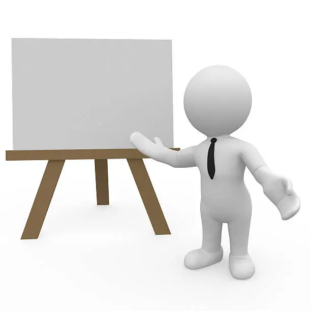A lecturer in front of a whiteboard with an outstretched hand
