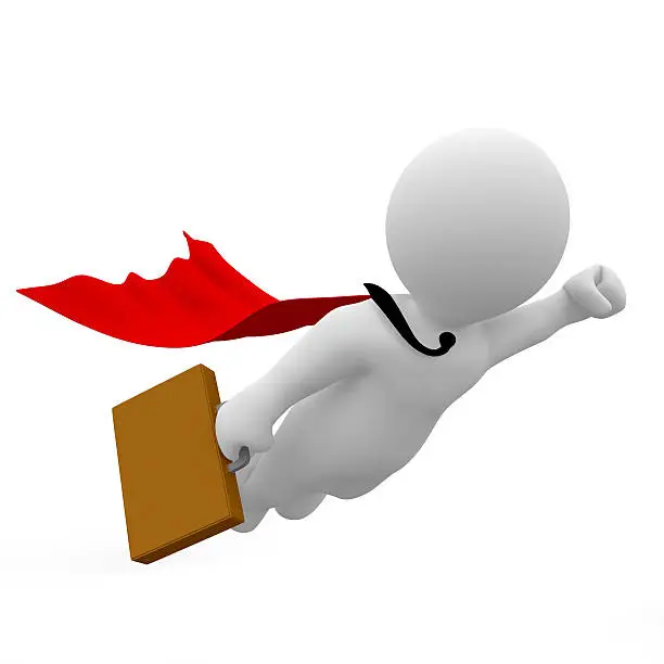 A manager flies as a superman with cape and suitcase. A symbol of power, success and dynamism.