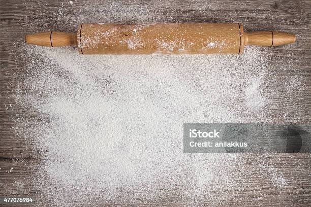 Rolling Pin On Woooden Floured Background Stock Photo - Download Image Now - Flour, Backgrounds, Baking