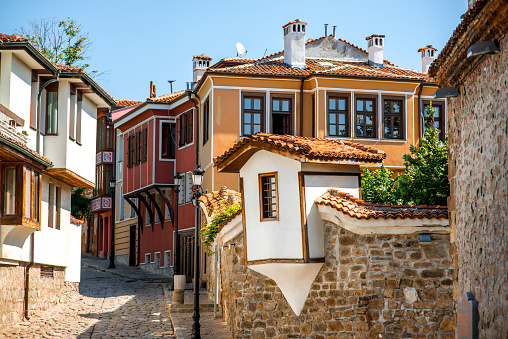 Old city street view with colorful buildings in Plovdiv, Bulgaria