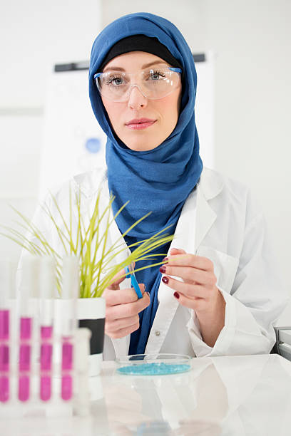 Female scientist with hijab taking sample from plant.