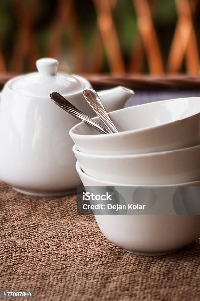 Stack Of Bowls And A Tea Pot Stock Photo - Download Image Now - 2015, Blue, Bowl