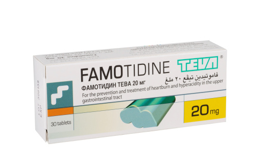 Rishon Le Zion, Goush Dan, Israel - January 28, 2014: box of 30 pills Famotidine 20 mg which is produced in Israel