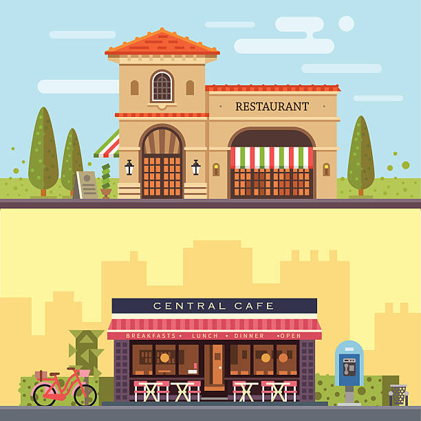 ilustraciones, imágenes clip art, dibujos animados e iconos de stock de paisaje con edificios restaurante y cafetería - facade