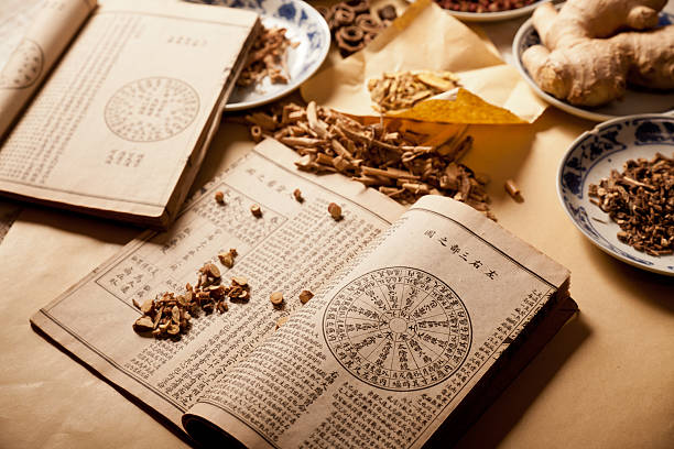 Chinese herbs Ancient Chinese medical books in the Qing Dynasty, the Chinese herbal medicine on the table japanese food photos stock pictures, royalty-free photos & images