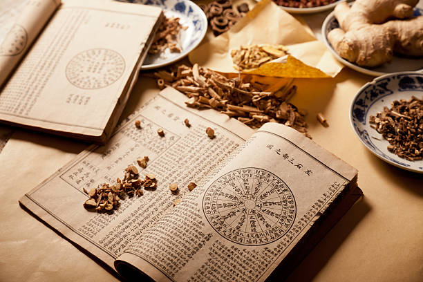 Chinese herbs Ancient Chinese medical books in the Qing Dynasty, the Chinese herbal medicine on the table chinese herbal medicine stock pictures, royalty-free photos & images