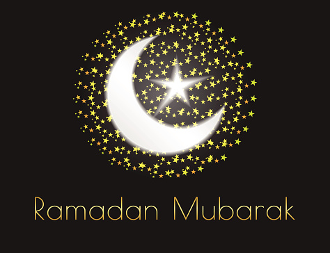 Ramadan mubarak greetings poster with crescent and star on black background