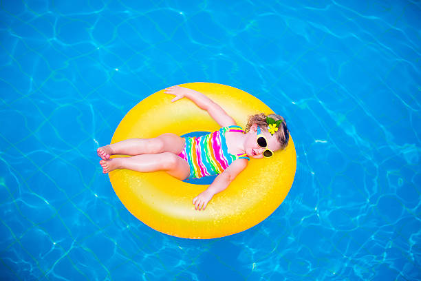 istock Little girl in swimming pool on inflatable ring 477106436