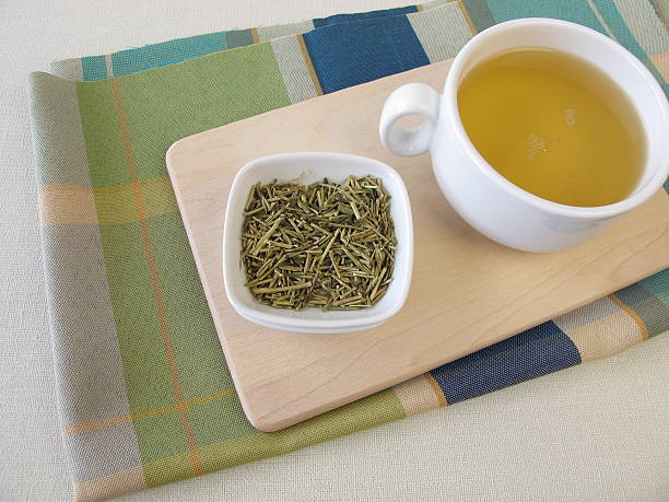 istock Loose kukicha green tea and cup of tea 477110108