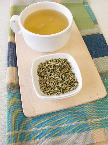 istock Loose kukicha green tea and cup of tea 477110120
