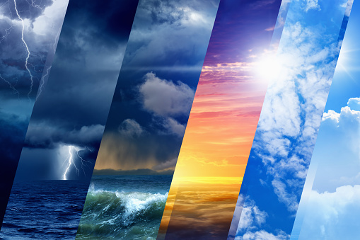 Weather forecast background - variety weather conditions, bright sun and blue sky, dark stormy sky with lightnings