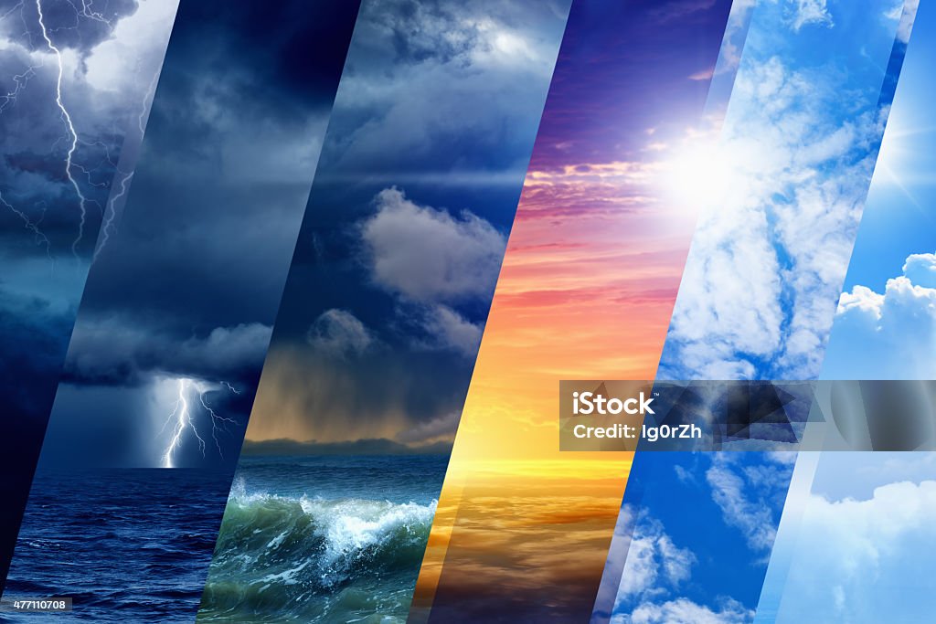 Weather forecast Weather forecast background - variety weather conditions, bright sun and blue sky, dark stormy sky with lightnings Weather Stock Photo