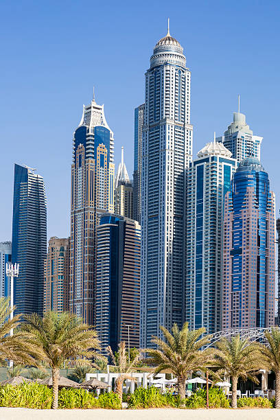 istock Vertical view of skyscrapers and palm trees 477111850
