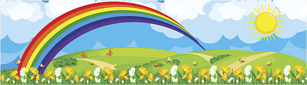 ilustraciones, imágenes clip art, dibujos animados e iconos de stock de arco iris sobre el campo de flores - rainbow multi colored sun sunlight