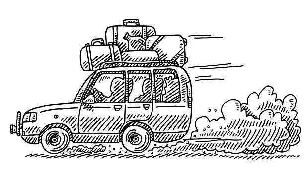 Vector illustration of SUV Vacation Trip On Gravel Road Drawing