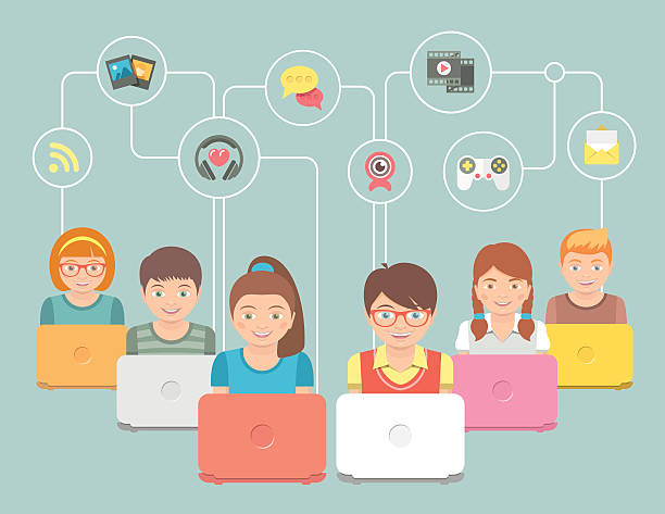 Kids with Computers and Social Media Icons Conceptual Flat Illustration vector art illustration