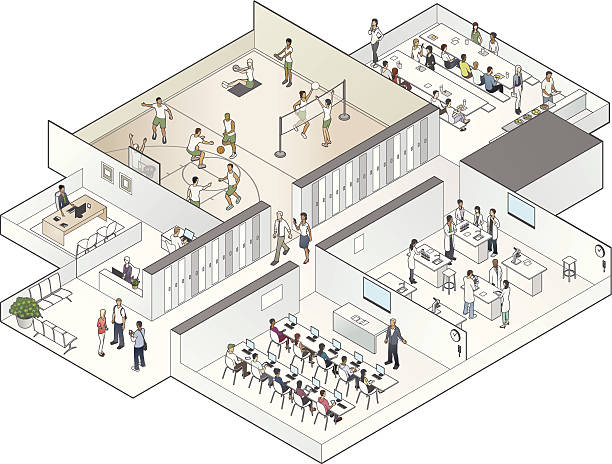 Isometric School Cutaway Illustration Detailed isometric illustration of a high school, in cutaway style, revealing students, faculty, classrooms, gymnasium, cafeteria, and hallway with lockers. state school stock illustrations