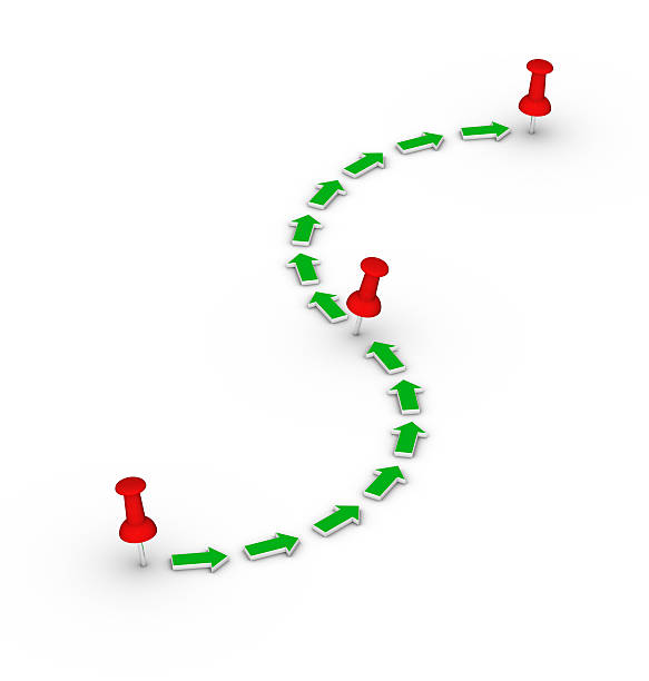 Point-to-point route. Red thumbtacks and green arrows. stock photo