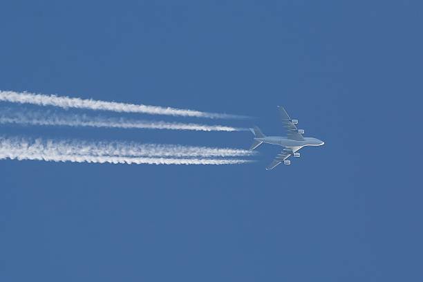 Plane at cruising altitude against blue sky