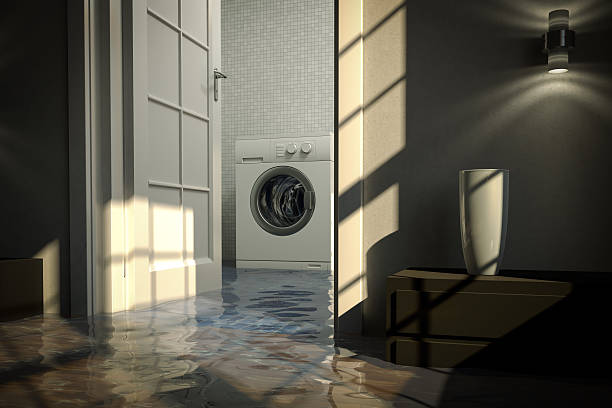 Residential water damage caused by defective washing machine Water damage caused by defective washing machine. Cg-image. basement stock pictures, royalty-free photos & images