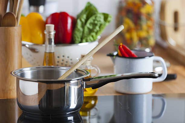 istock Cooking Pot with Wooden Spoon on Ceramic Hob 477134933