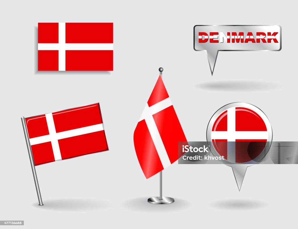Conjunto de pinos e dinamarquês, Ícone de Mapa pointer flags. Vetor - Vetor de Bandeira Dinamarquesa royalty-free