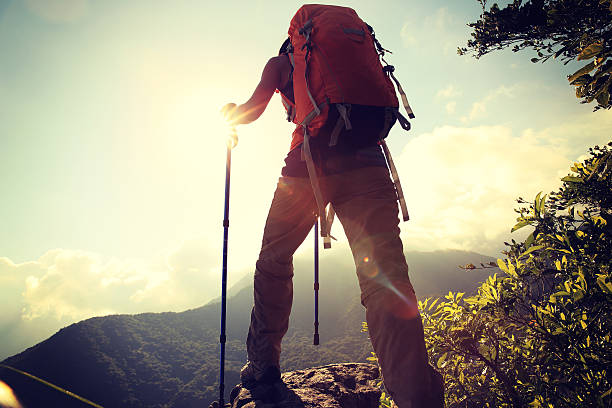 istock cheering woman hiker climbing to mountain peak cliff 477136812