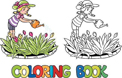 Coloring book or coloring picture of girl watering the flowers in the flowerbed