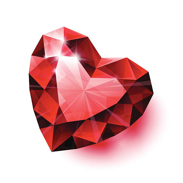 glänzende isoliert rot rubin herz-form mit schatten auf weiß - rubinrot stock-grafiken, -clipart, -cartoons und -symbole