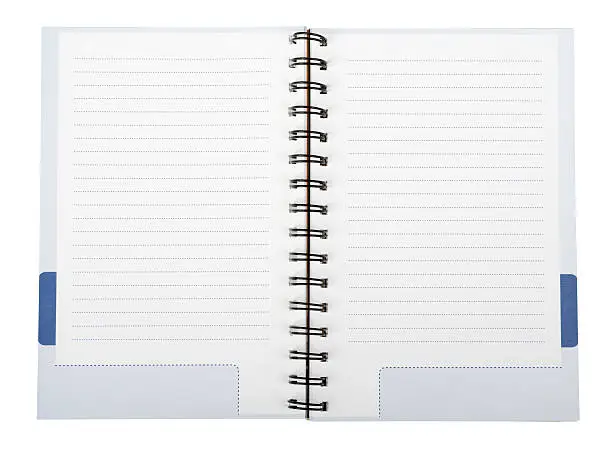Open white ring-bound notebook with stripes, close-up view
