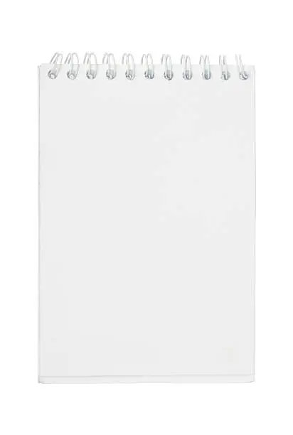 White ring-bound notebook with stripes on isolated white background, close-up view